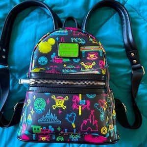 LOUNGEFLY DISNEY PARKS NEON GLOW ATTRACTION ICONS MINI BACKPACK
